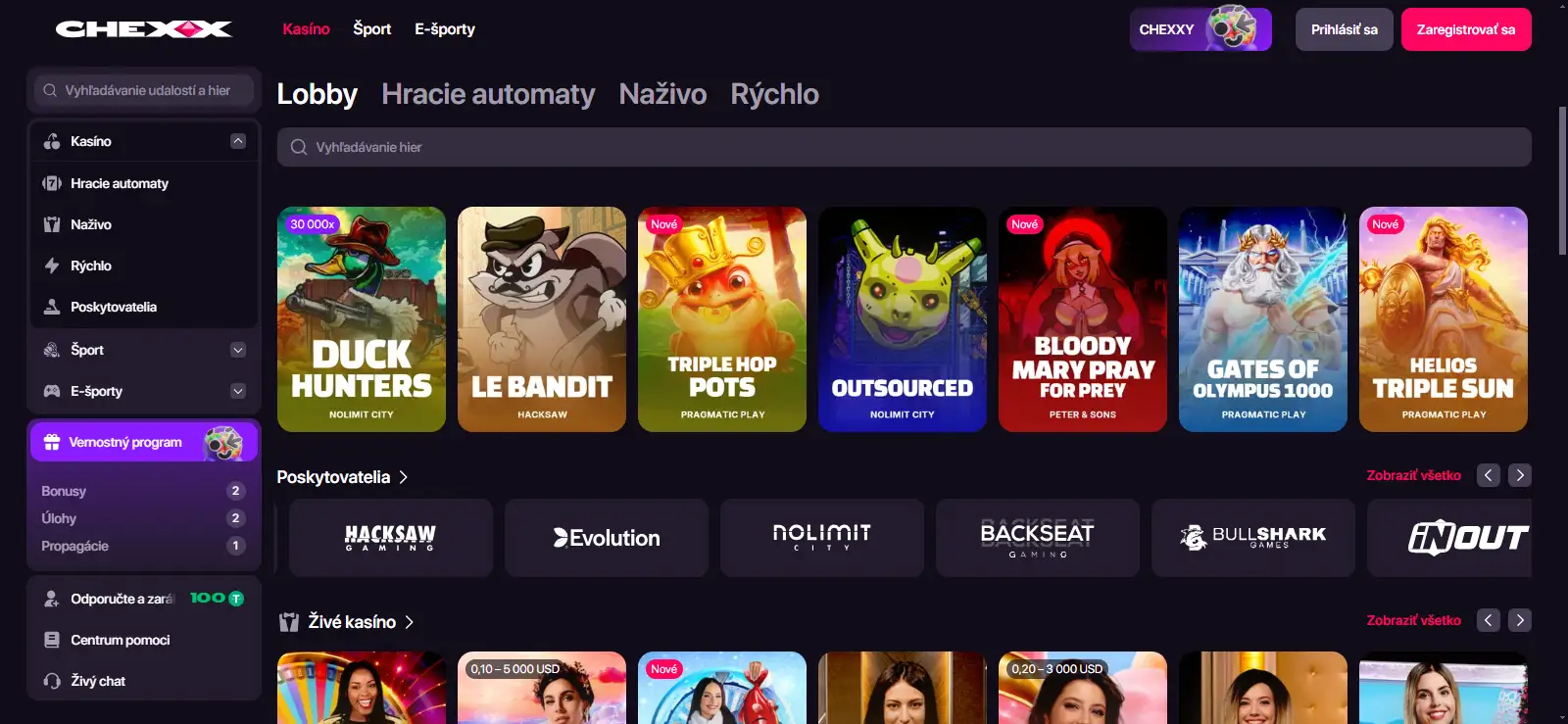 Katalóg CHEXX so slotmi, živým kasínom a filtrami